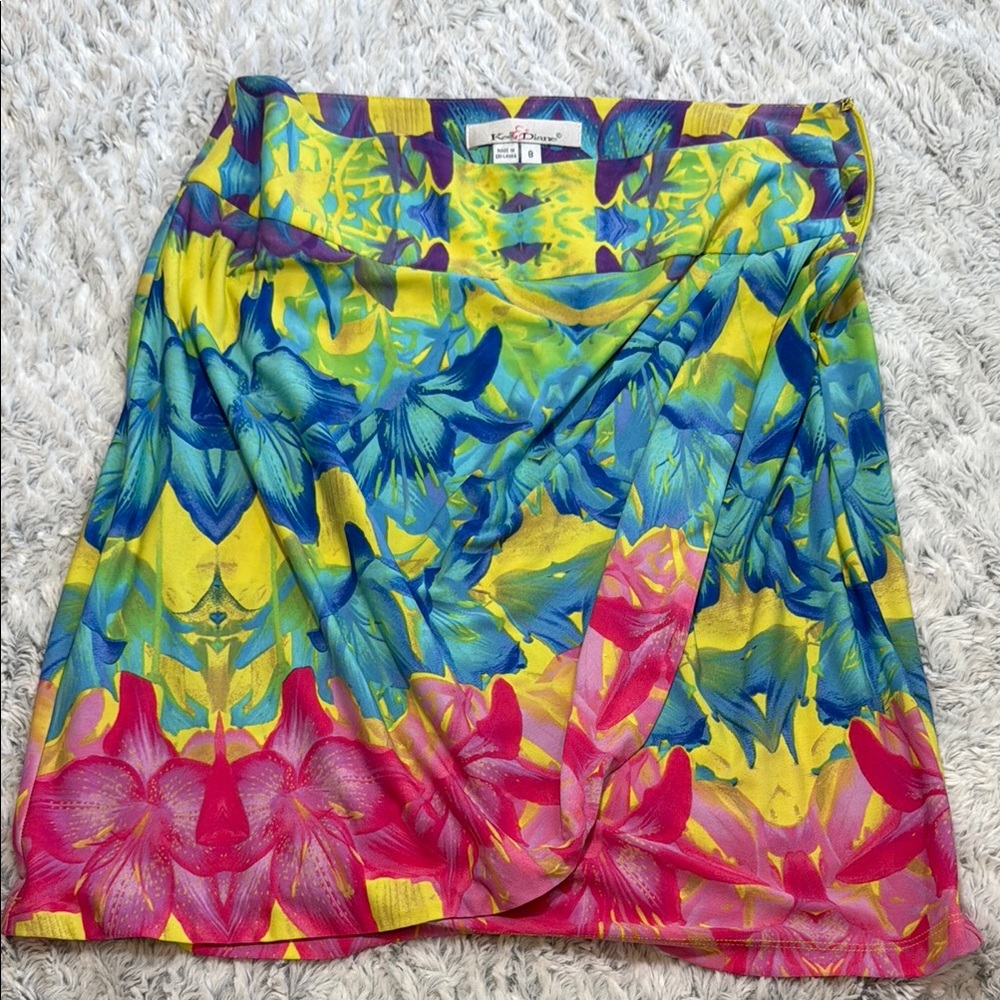 Kelly & Diane side zip tropical skirt Blue and Yellow double draped in front